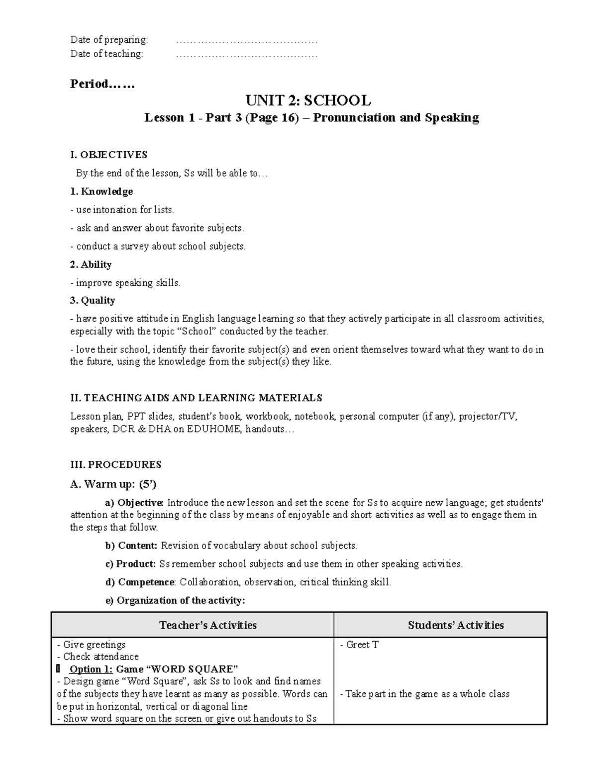 Giáo án tiếng anh 6 smart world UNIT 2 - Lesson 1 - PART 3 ...