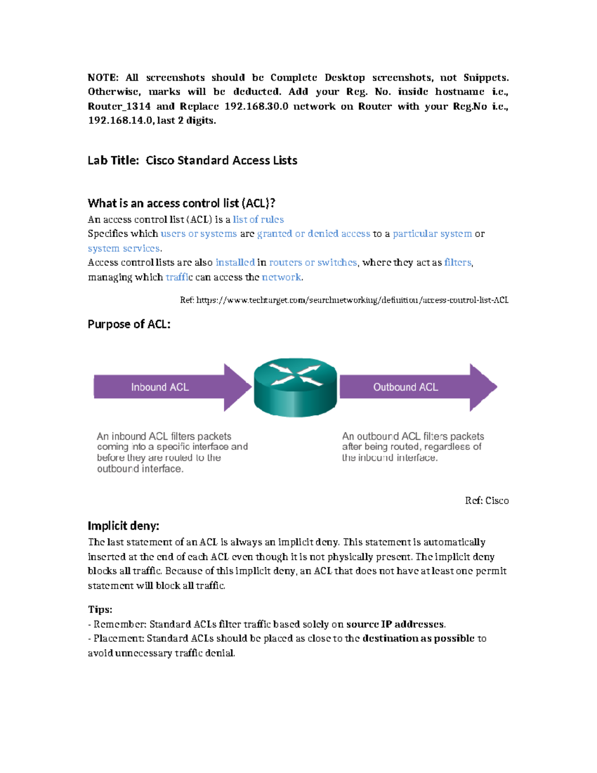 Lab 3: Cisco Standard Access List Configuration and Testing - Studocu