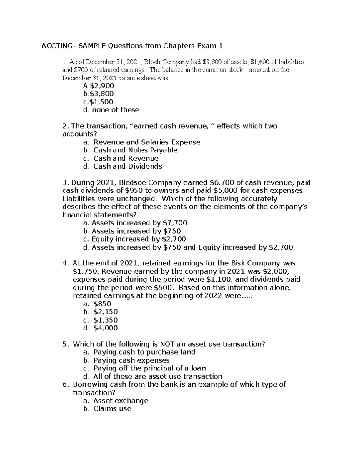 Accting Review exam 1 - N/a - ACCTING– SAMPLE Questions from Chapters ...