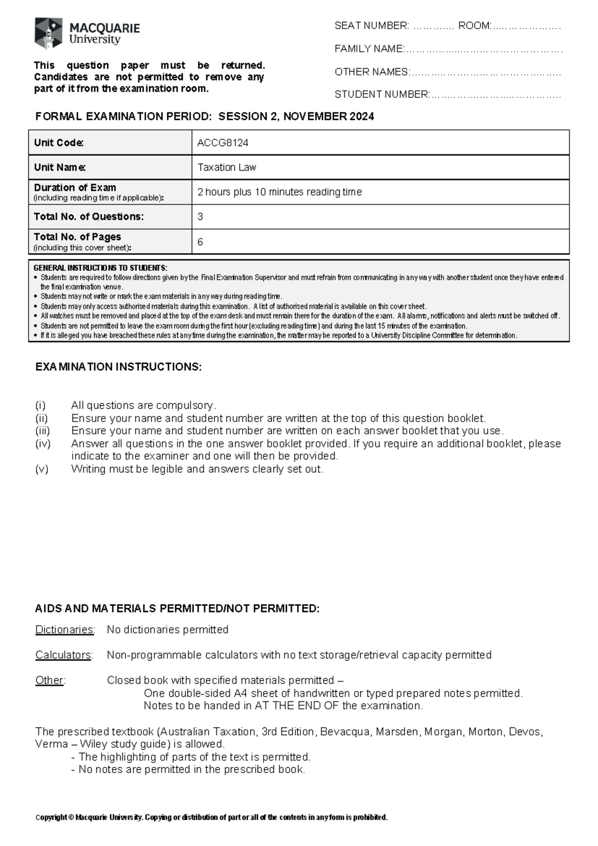 ACCG8124 Final Exam - Taxation Law November 2024 - Studocu