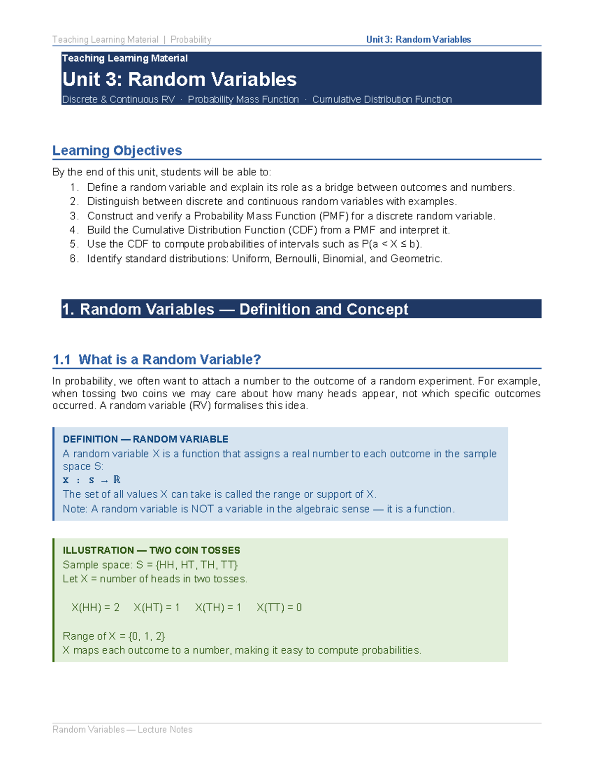 Probability Unit 3: Random Variables Lecture Notes and TLM - Studocu