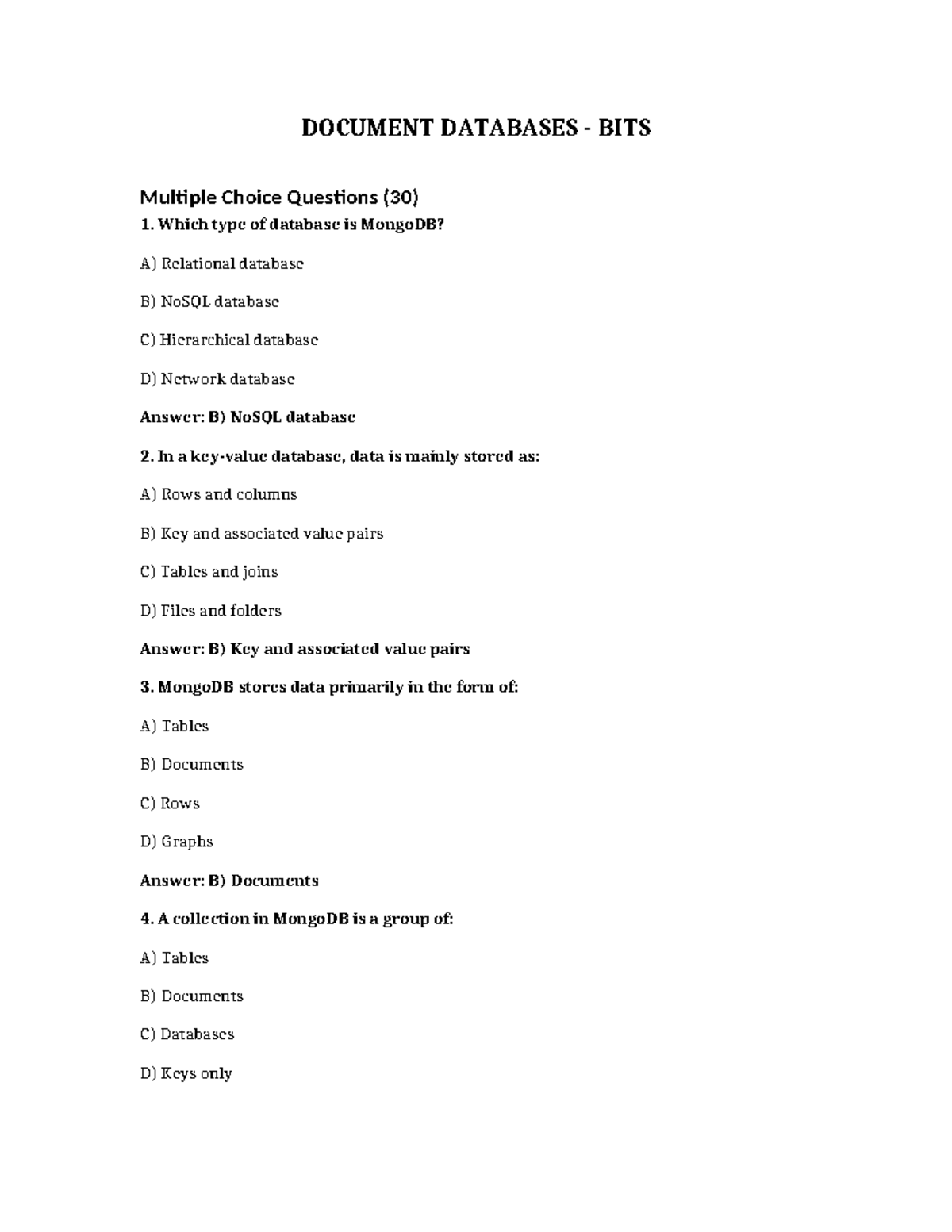 UNIT3-BITS - Quiz on NoSQL Databases and MongoDB Concepts - Studocu