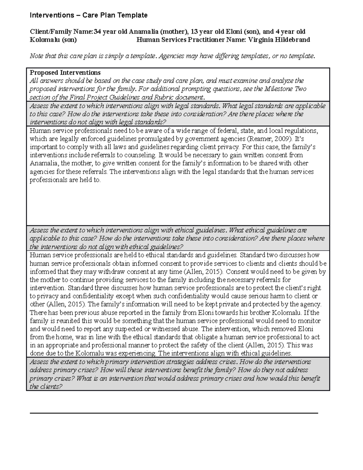 HSE 315 Final Project: Interventions Care Plan Template Analysis - Studocu