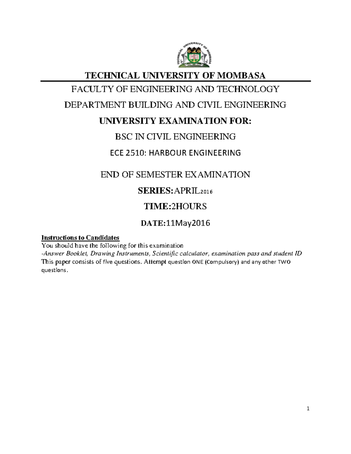 ECE 2510: Harbour Engineering End of Semester Exam April 2016 - Studocu