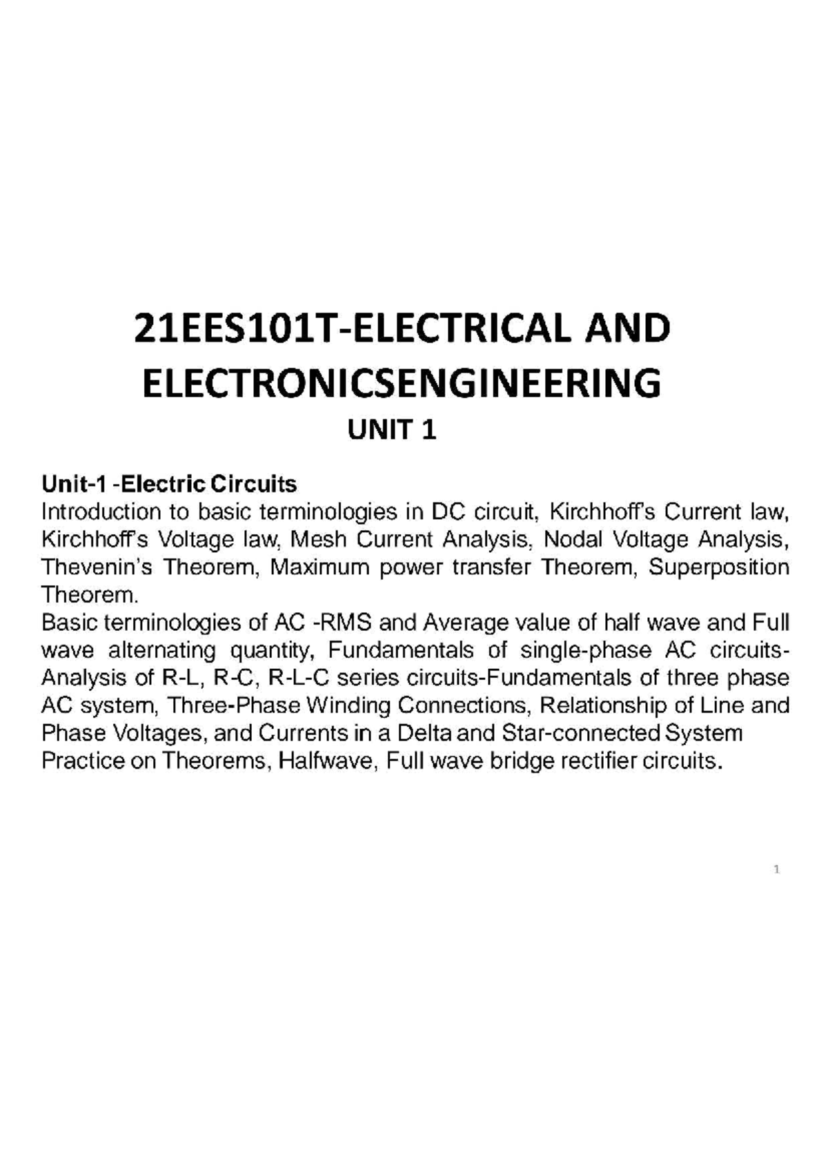 EEE 101 - Unit 1 Notes: Introduction to DC & AC Circuits - Studocu