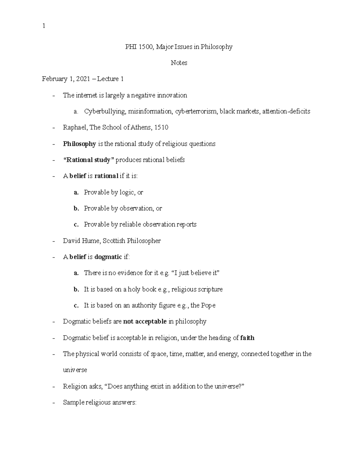 PHI 1500: Lecture Notes on Major Issues in Philosophy - Studocu