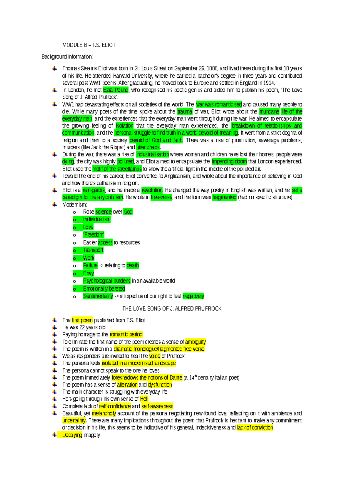 Module B - Study Notes on T.S. Eliot's Life and Poetry Analysis - Studocu