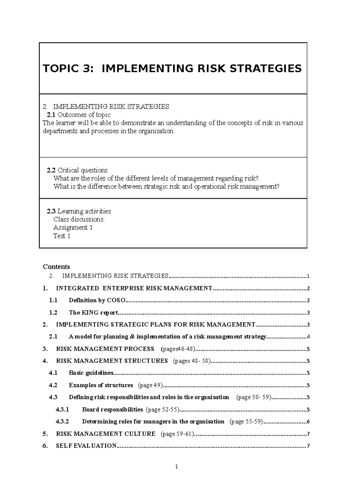 Topic 3 Implementing risk strategies - TOPIC 3: IMPLEMENTING RISK ...