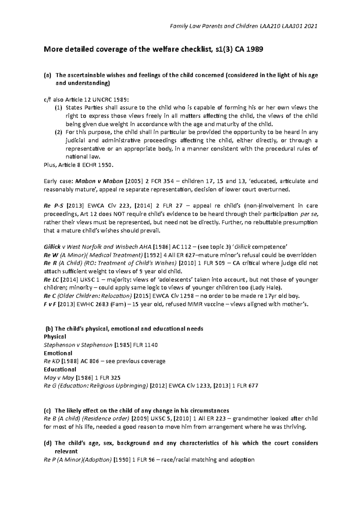 Family Law Parents and Children: Welfare Checklist Overview LAA210 ...