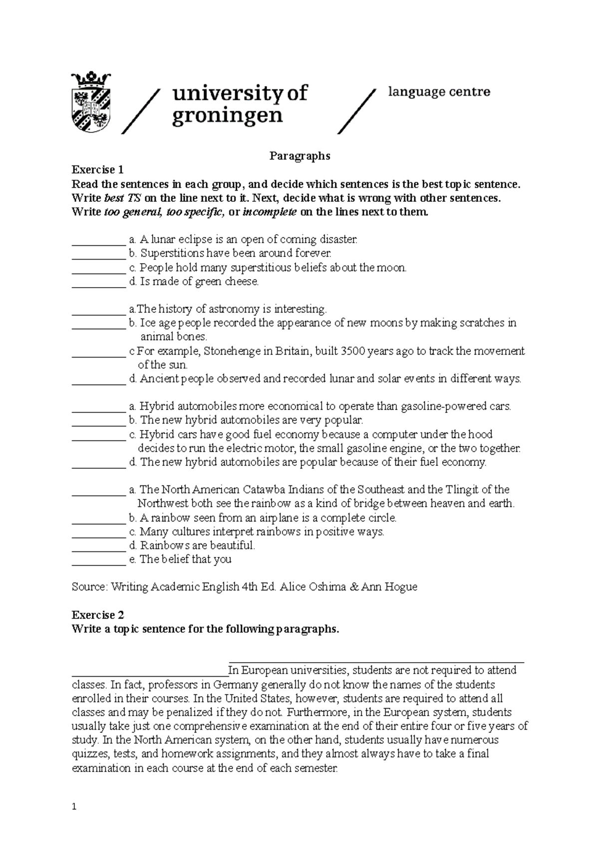 IB - Writing Paragraphs Worksheet: Topic Sentences & Structure Exercise ...