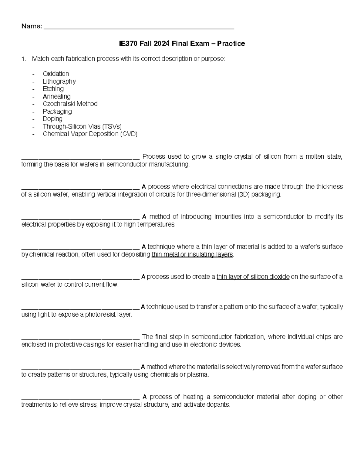 IE370 Fall 2024 Final Exam Prep: Semiconductor Processing & Materials - Document Preview