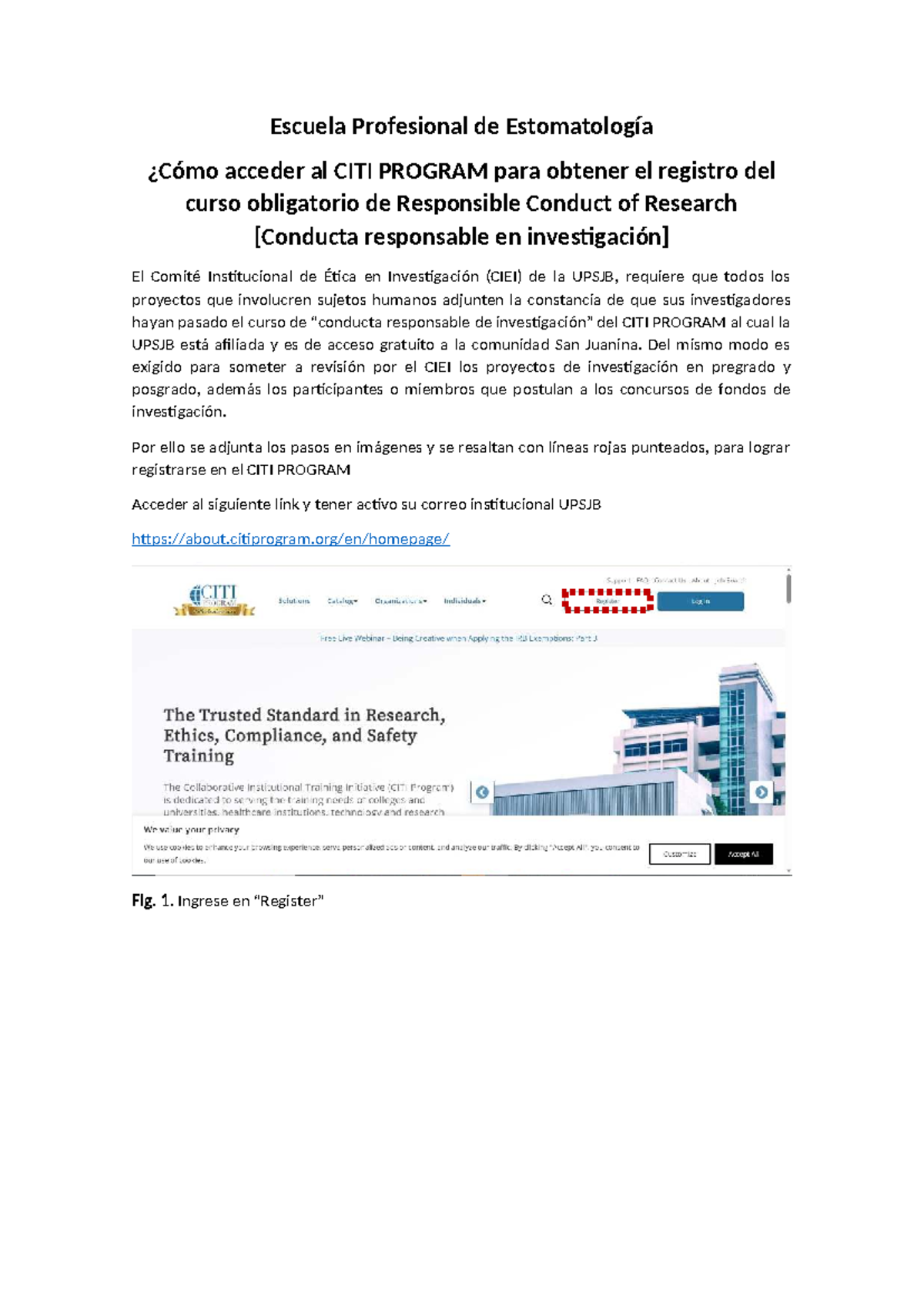 Guía para Inscripción en el CITI PROGRAM - UPSJB - Document Preview