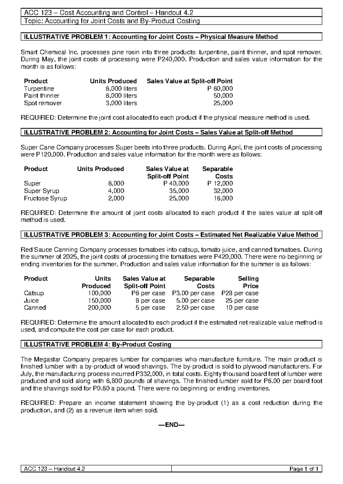ACC 123 Cost Accounting Handout 4.2: Joint Costs & Costing Problems ...