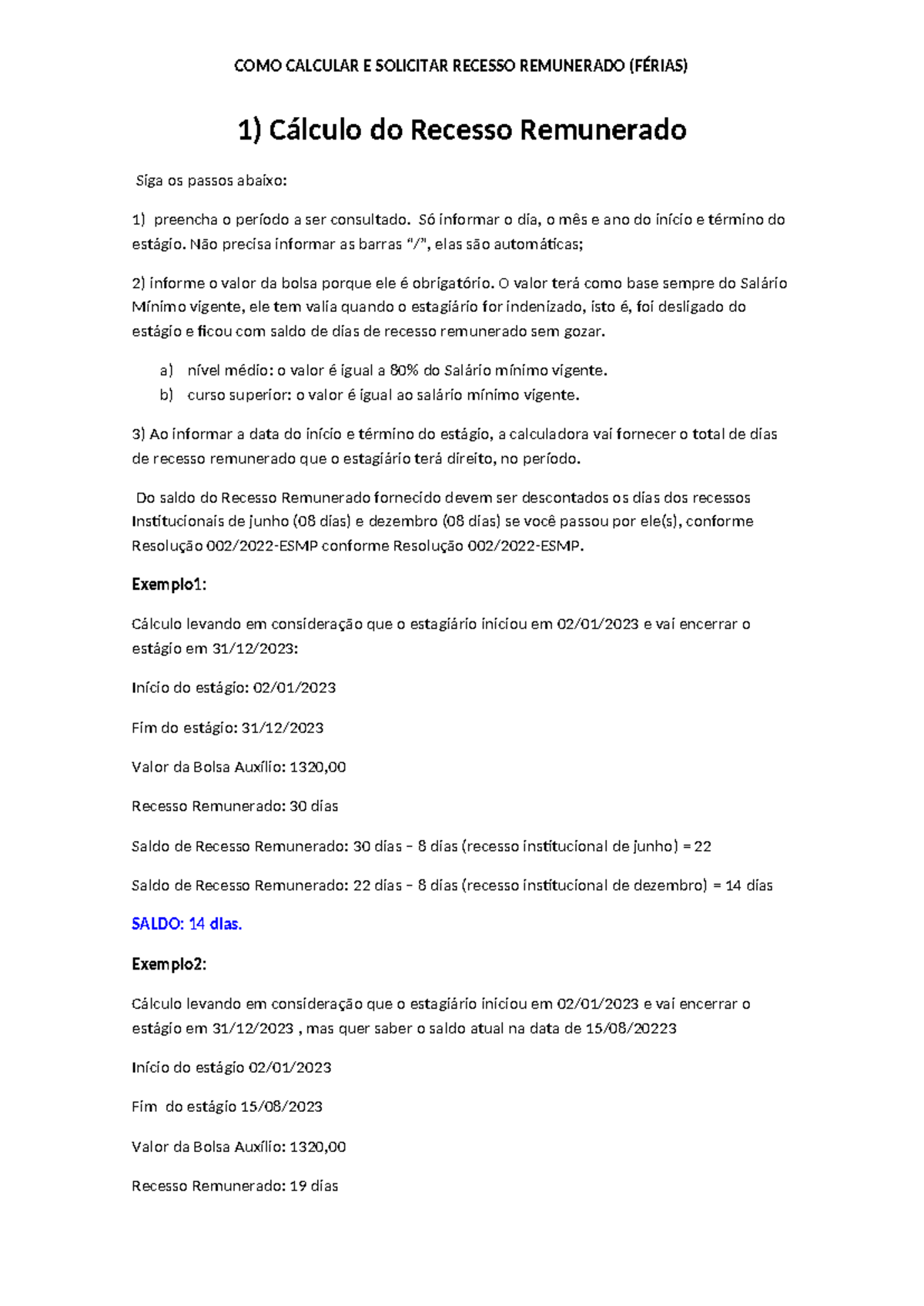 Cálculo e Solicitação de Recesso Remunerado - Guia Prático - Studocu