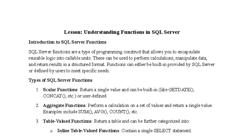 Lesson: Understanding SQL Server Functions and Their Usage - Studocu