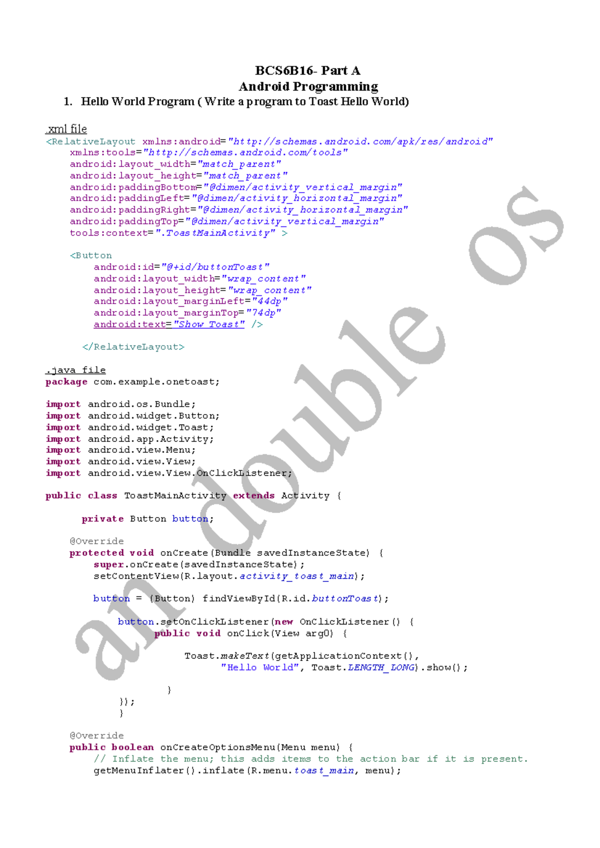 Android Programming Essentials: BCS6B16 Complete Programs Guide - Studocu