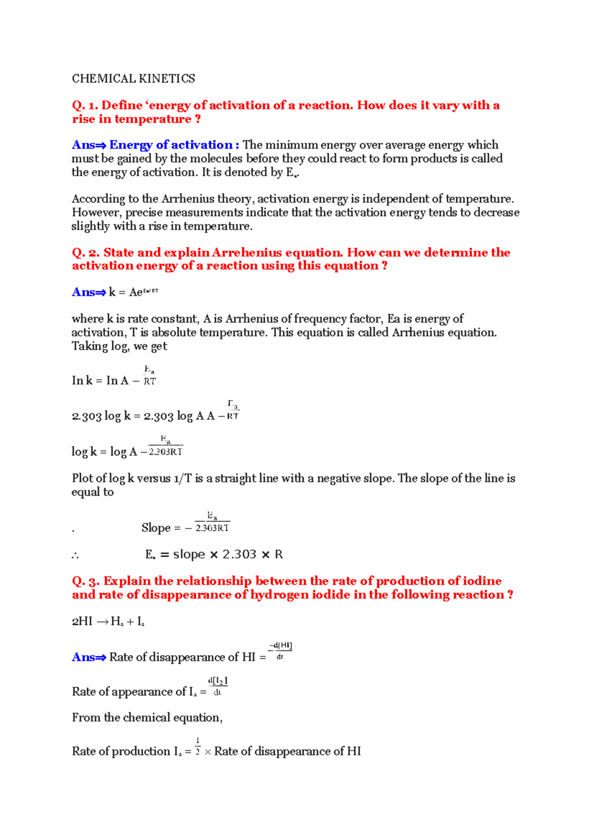 Chemical Kinetics - Topic 2: Key Concepts and Formulas Notes - Studocu
