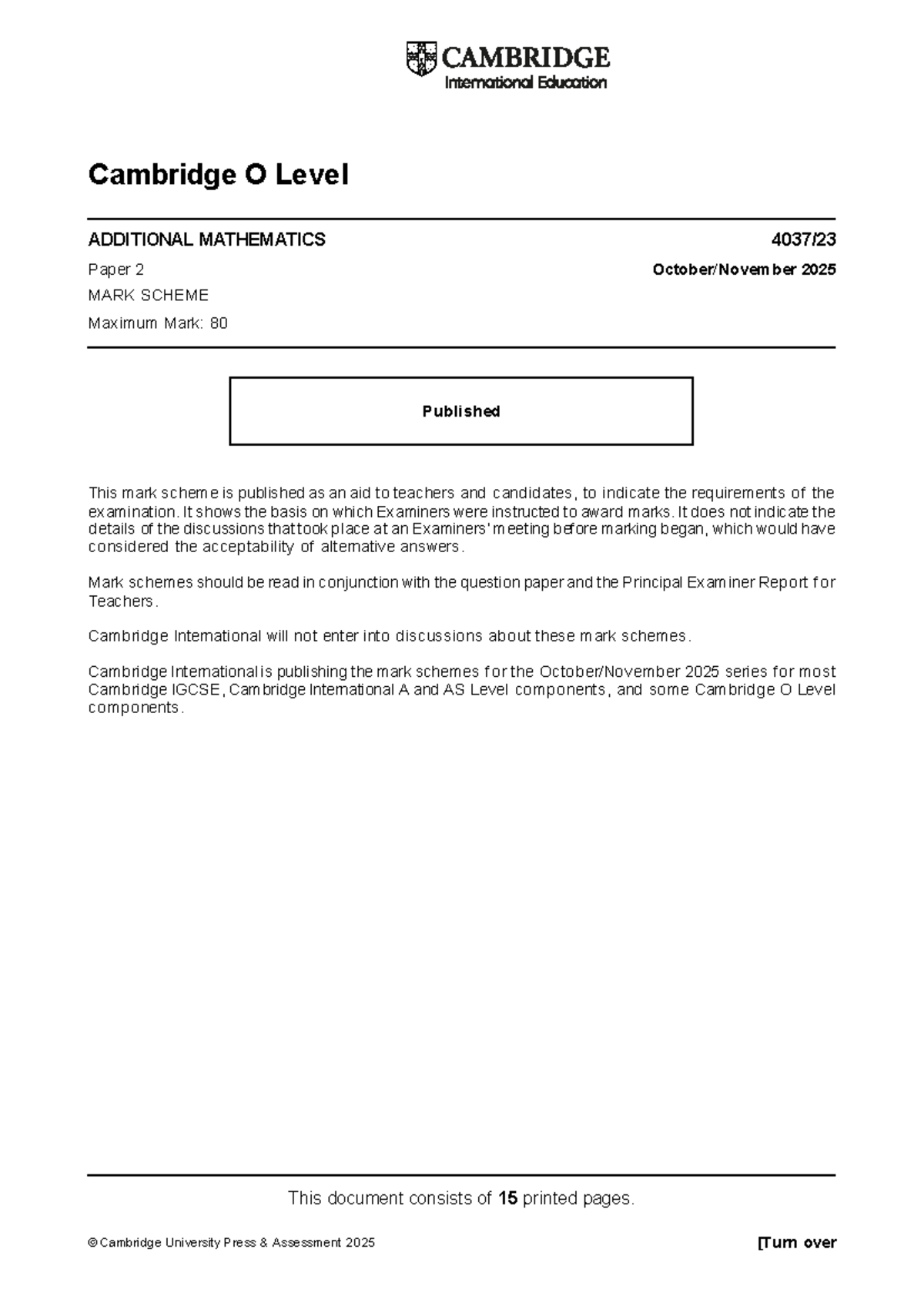 Cambridge O Level ADDITIONAL MATHEMATICS Paper 2 2025 Mark Scheme - Studocu