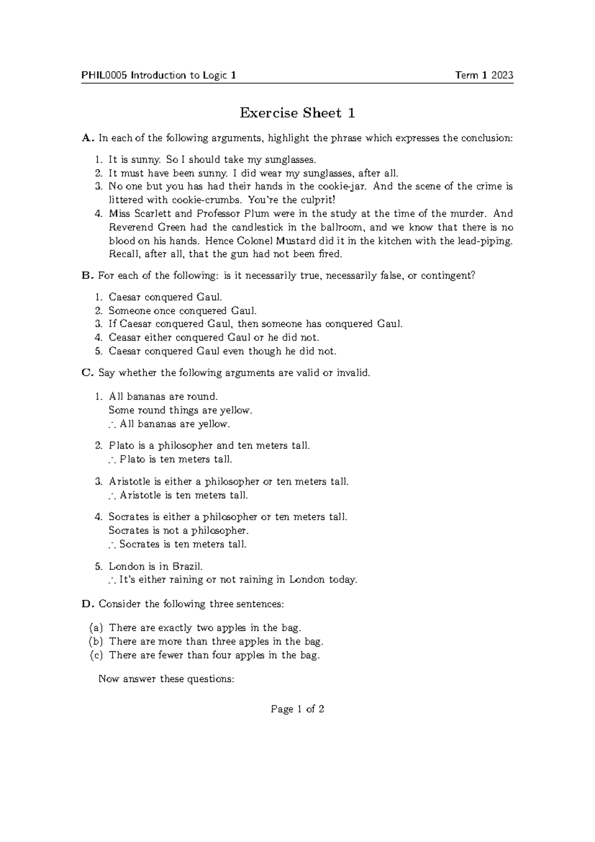 Logic 1 - Activity 1 - PHIL0005 Introduction to Logic 1 Term 1 2023 ...