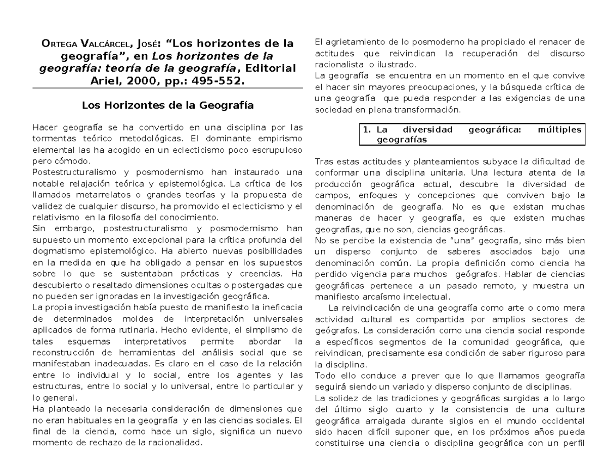 Resumén de "Los horizontes de la geografía" de ORTEGA VALCÁRCEL, JOSÉ - Document Preview