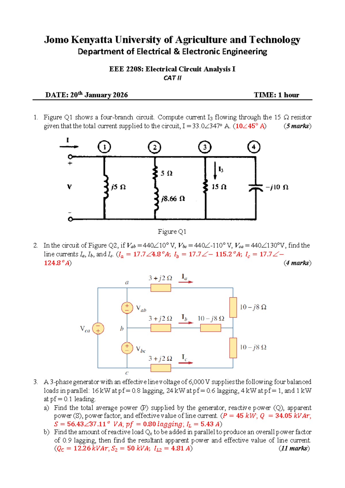 EEE 2208: Electrical Circuit Analysis I CAT II - Jan 2026 Exam - Studocu