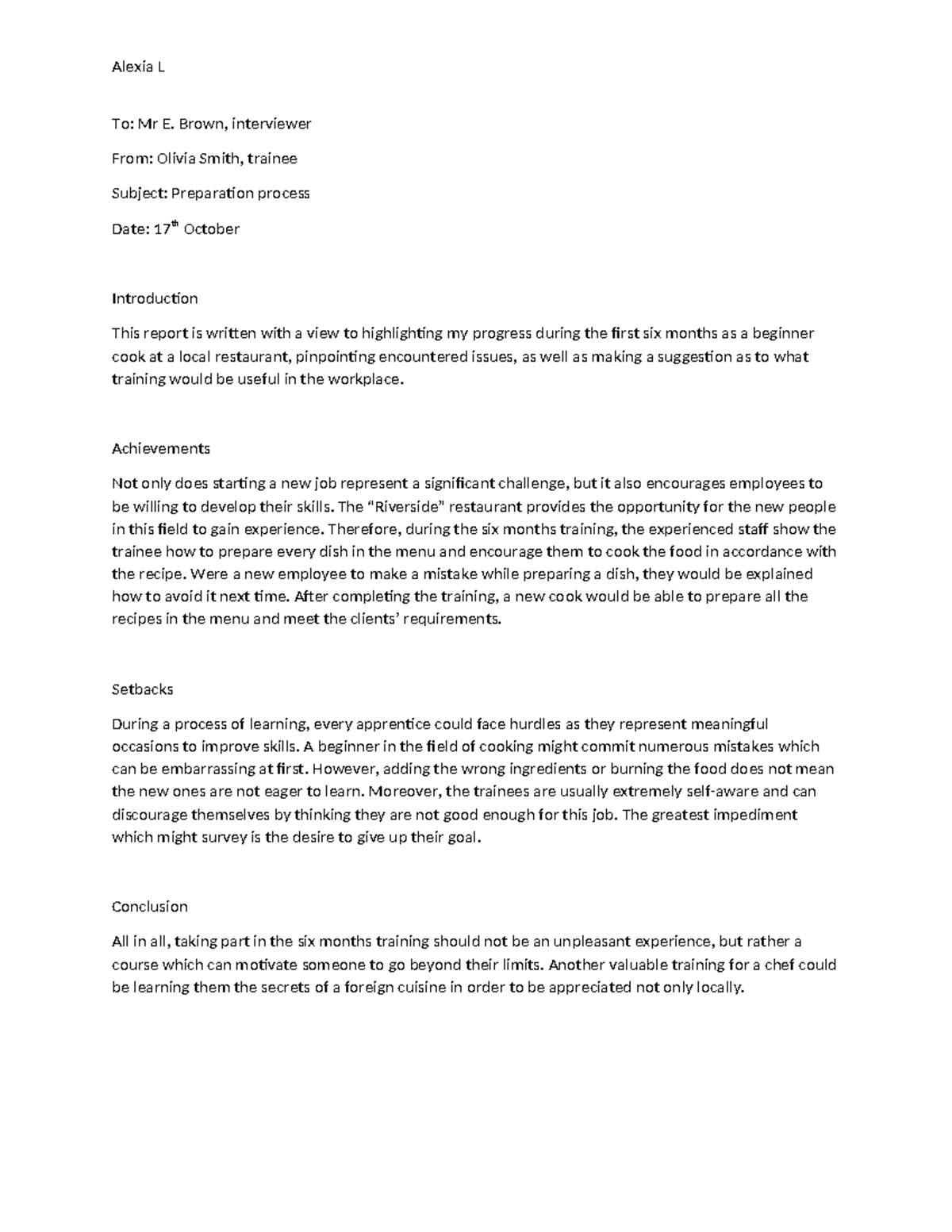 Report on Trainee Progress and Challenges in Cooking (Test 2) - Studocu