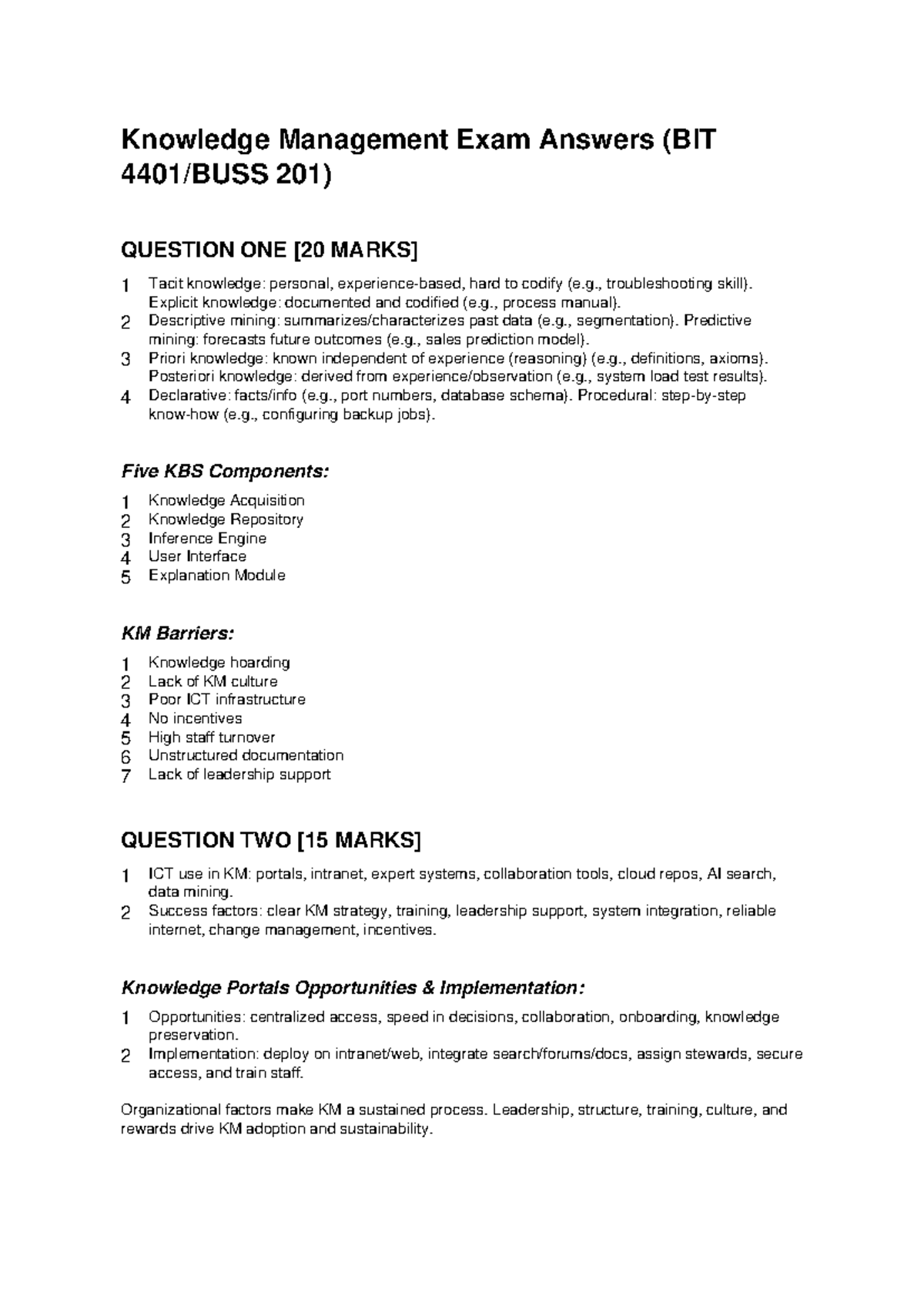 Knowledge Management Exam Answers (BIT 201) - Studocu