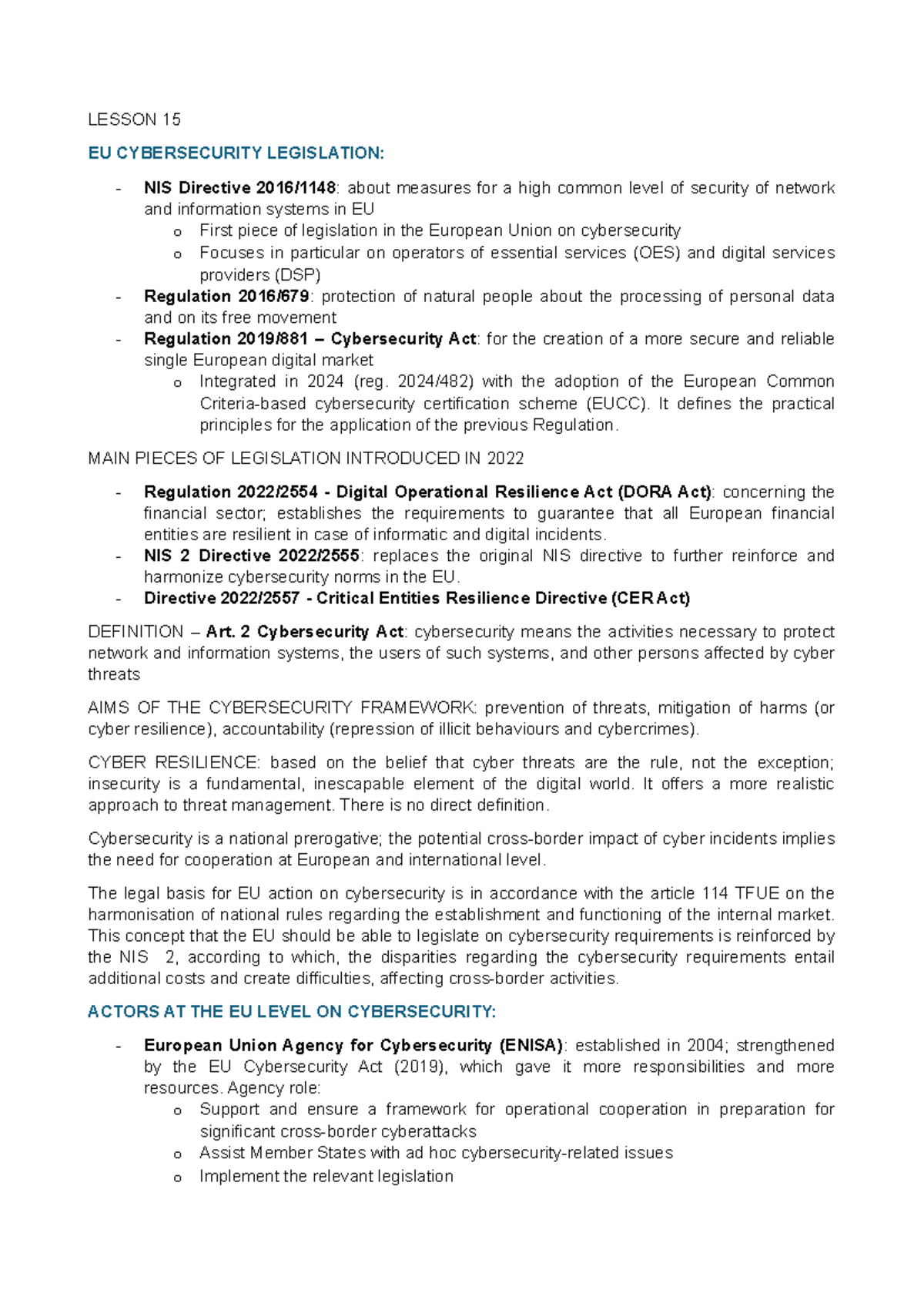Lesson 15: EU Cybersecurity Legislation and NIS Directive Overview ...