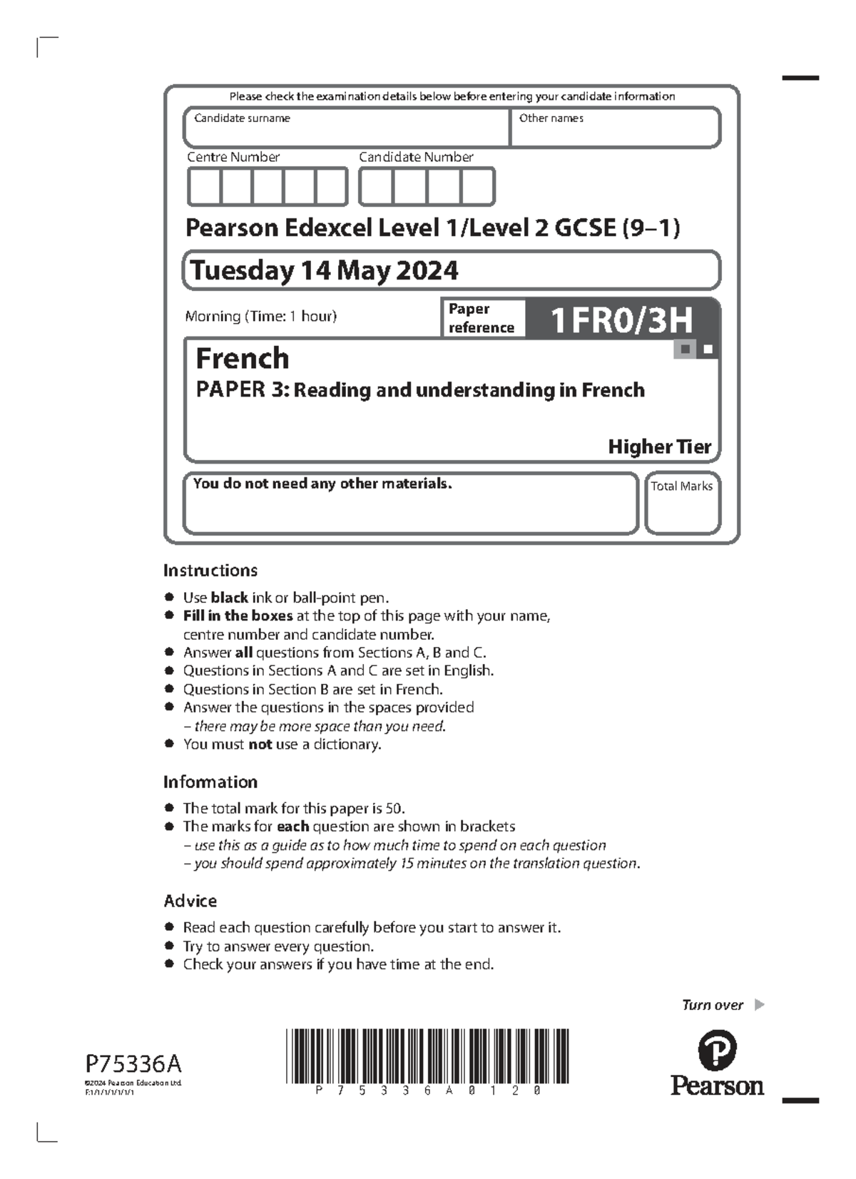 1FR0/3H GCSE French Reading Exam Instructions and Details - Studocu
