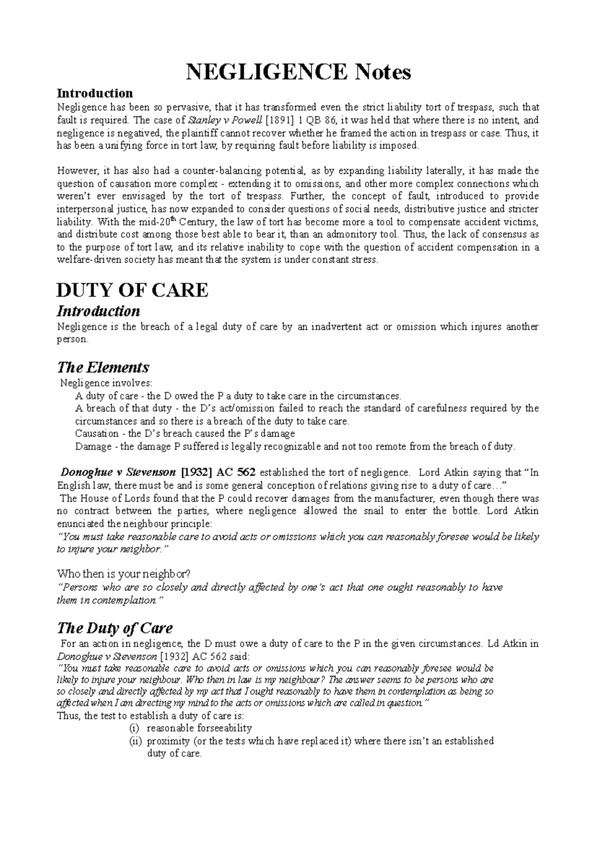 Negligence (LAW 101) Lecture Notes: Duty of Care & Key Cases - Studocu
