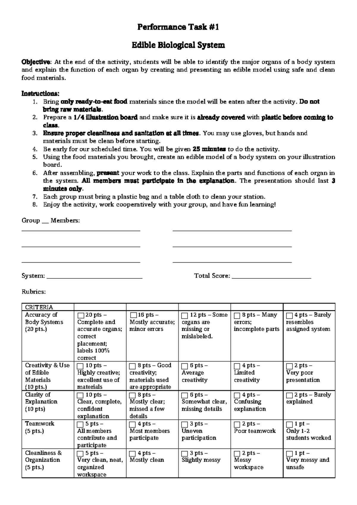 Performance Task: Edible Biological System Model Creation - Studocu