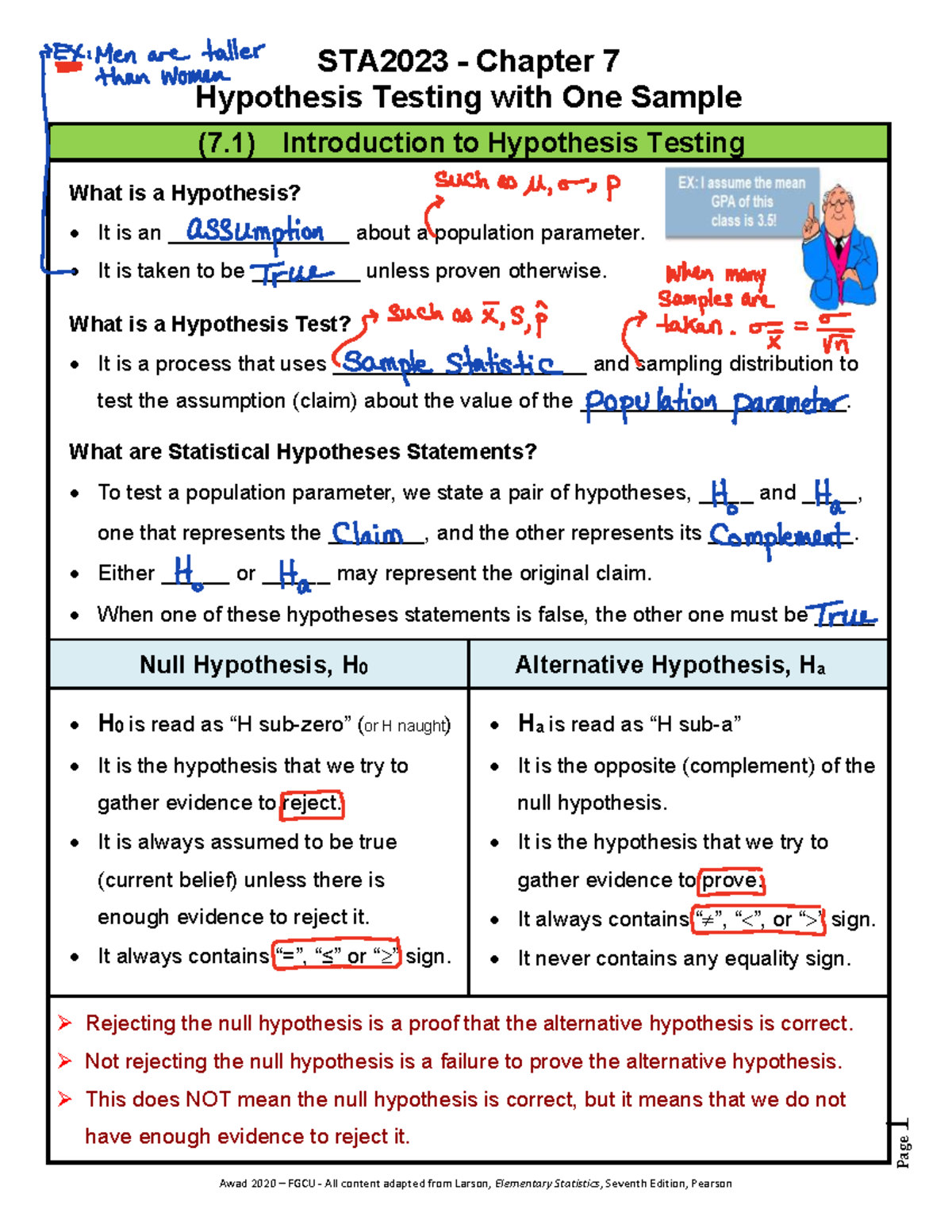 STA2023 Chapter 7 Notes: Hypothesis Testing with One Sample - Studocu