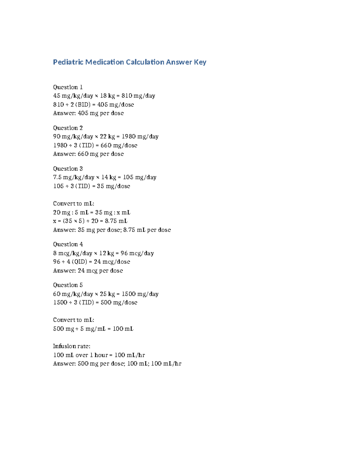 NU 3161 Pediatric Medication Calculation Answer Key - Studocu