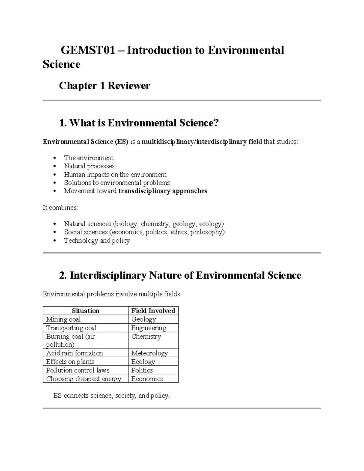 GEMST01 Introduction to Environmental Science Chapter 1 & 2 Review ...