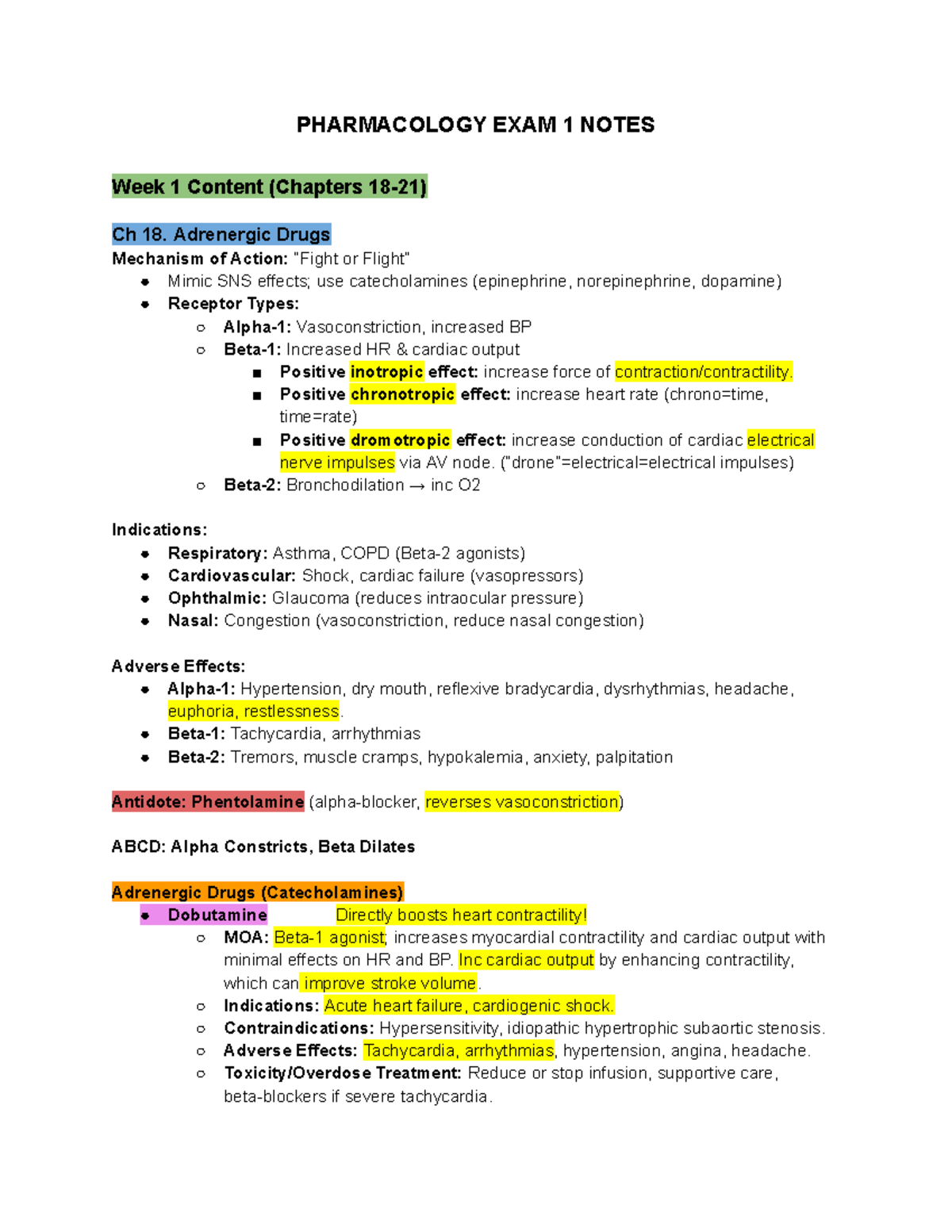 Pharmacology Exam 1 Study Notes: Adrenergic & Cholinergic Drugs ...