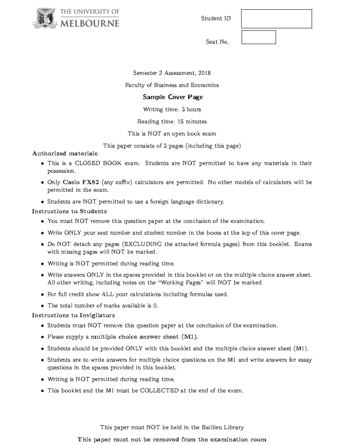 Final Exam - Sample Cover Sheet - Student ID ! Seat No. Semester 2 ...