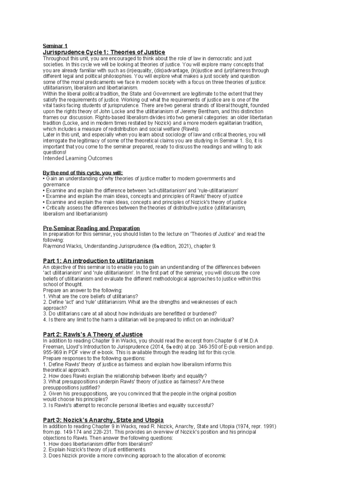 Jurisprudence Seminar 1: Theories of Justice Overview and Readings ...