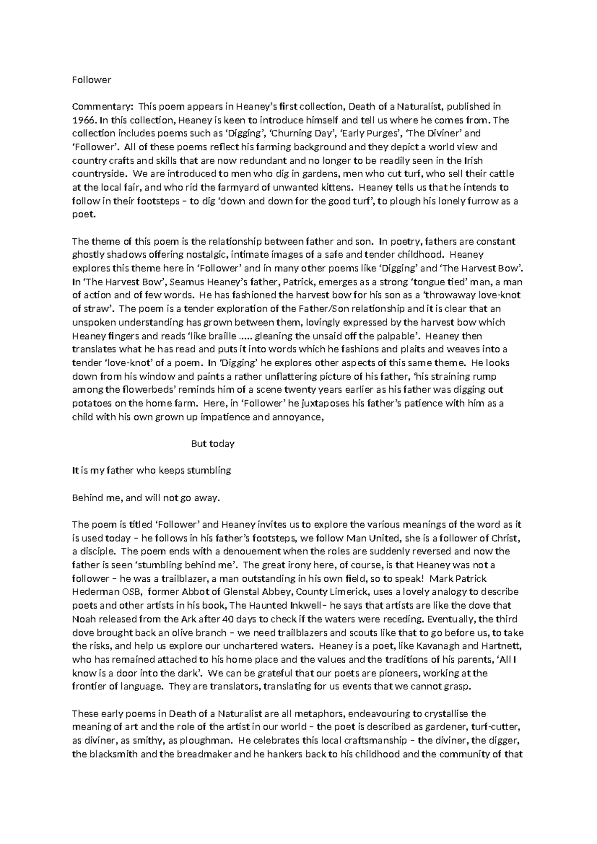 Follower - Analysis and Commentary on Seamus Heaney's Poem - Studocu