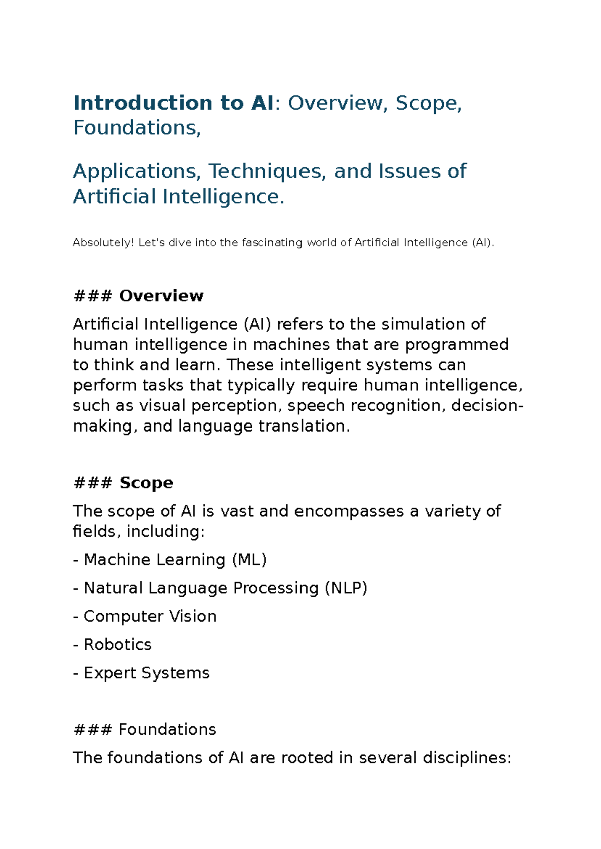 Introduction to AI: Overview, foundations, applications, and techniques ...