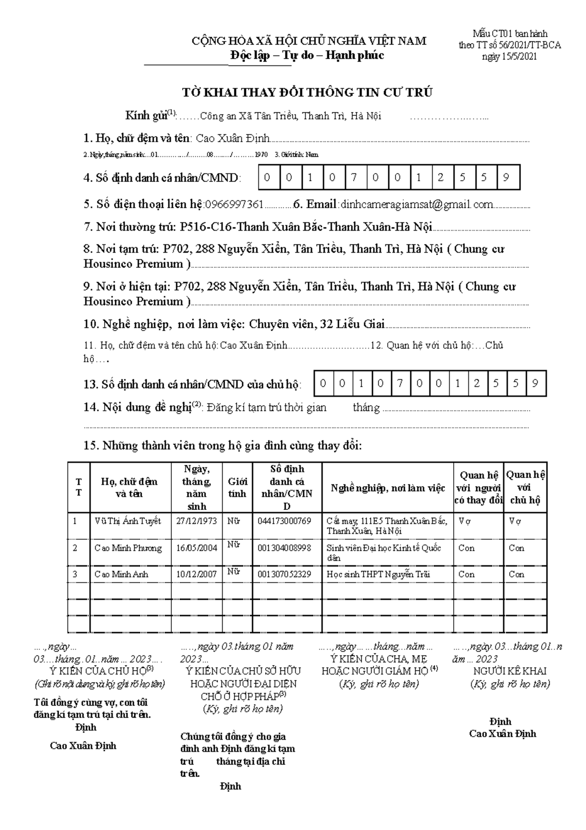 TỜ KHAI THAY ĐỔI THÔNG TIN CƯ TRÚ - Mẫu CT01 theo TT 56/2021/TT-BCA ...