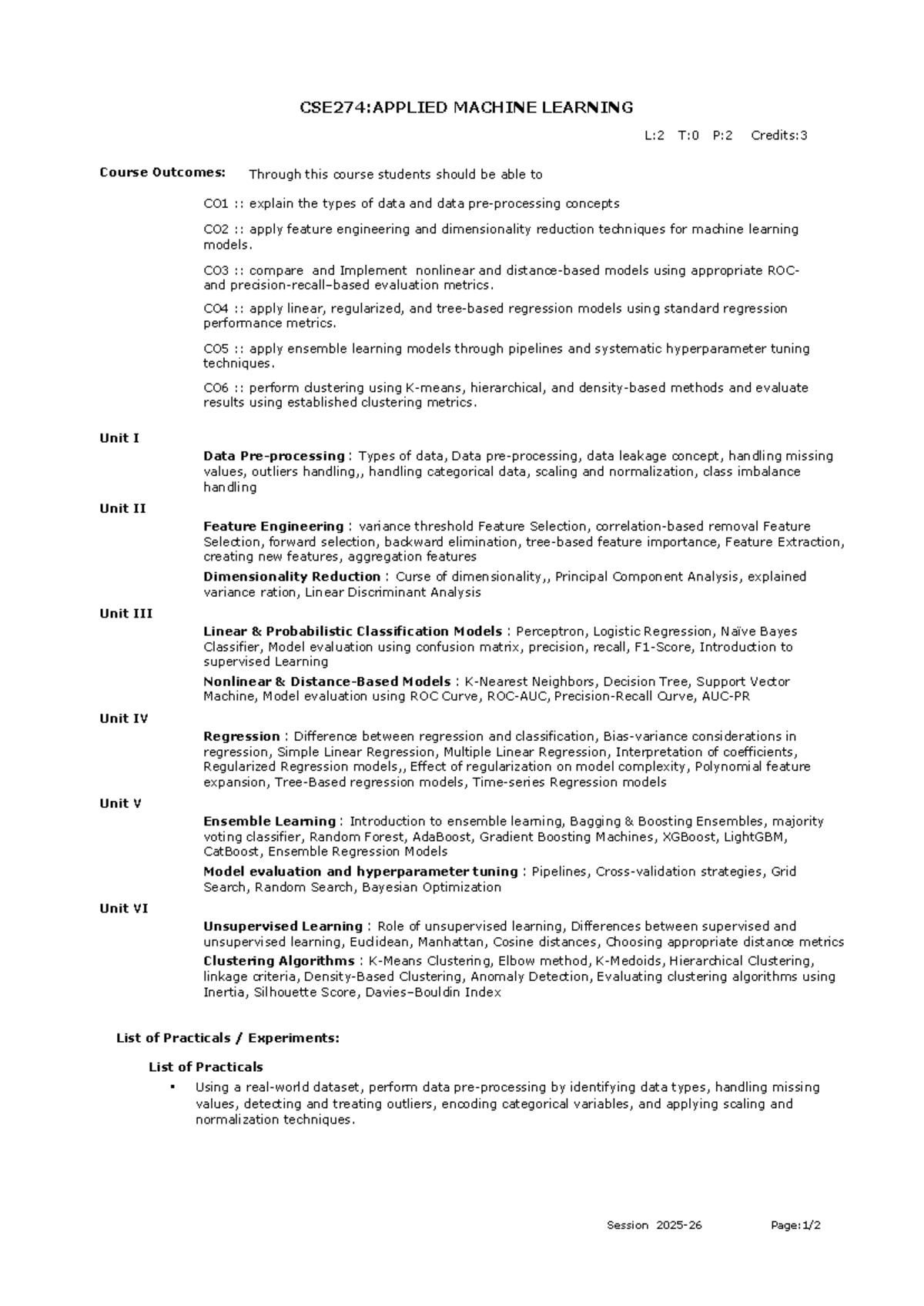 CSE274: Applied Machine Learning - Course Outcomes & Syllabus - Studocu