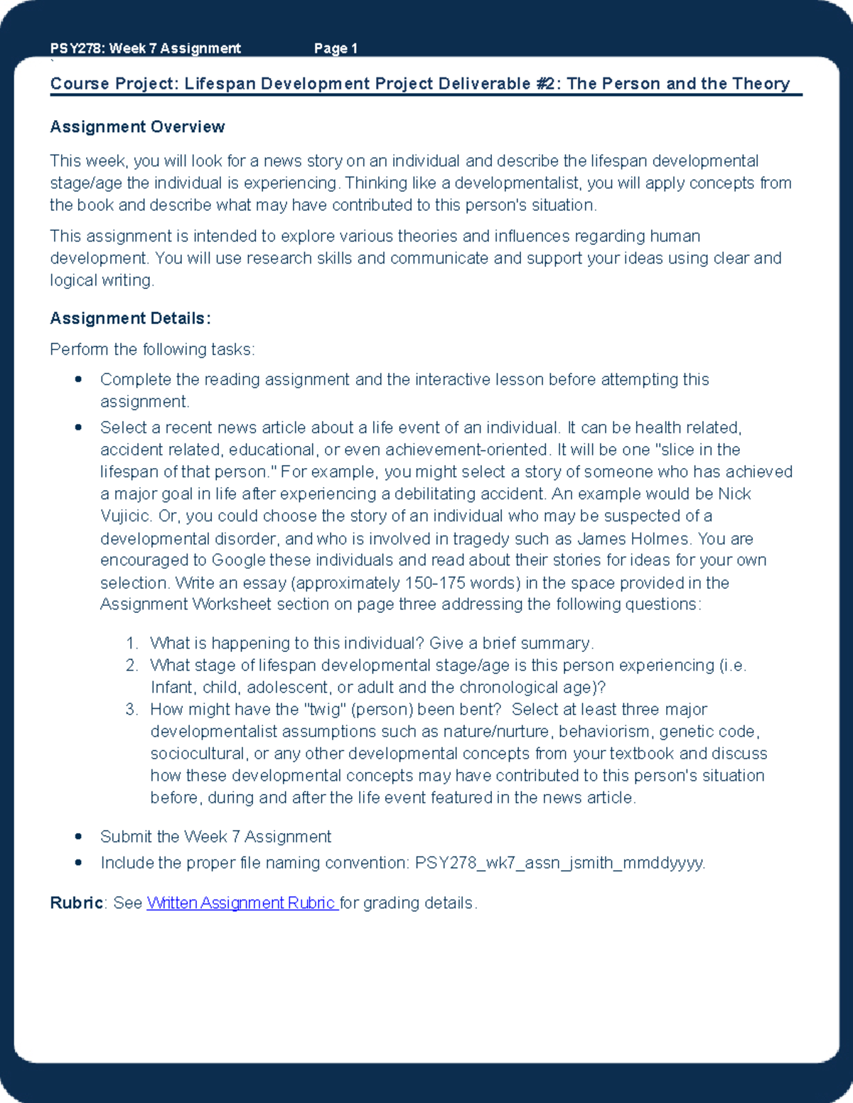 PSY278 Week 7 Assignment: Lifespan Development Theory Analysis - Studocu