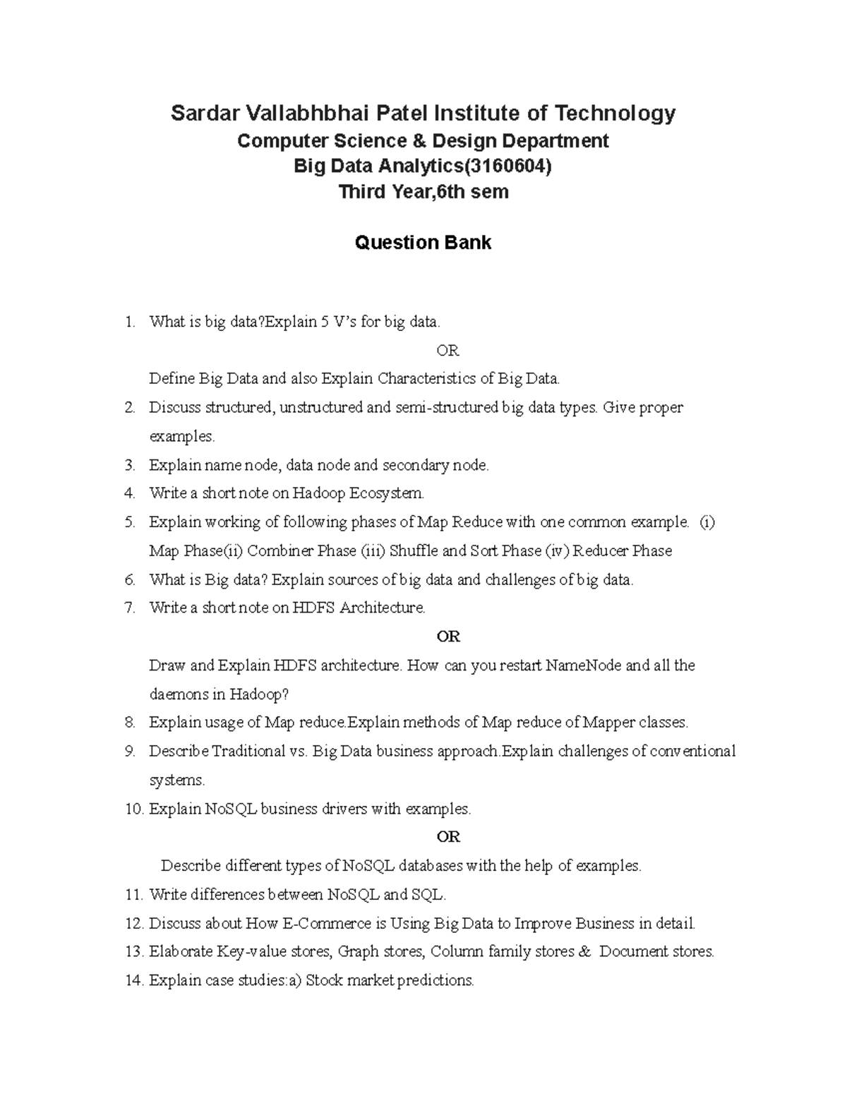 TY BDA (3160604) Big Data Analytics Question Bank for 3rd Year, 6th Sem ...