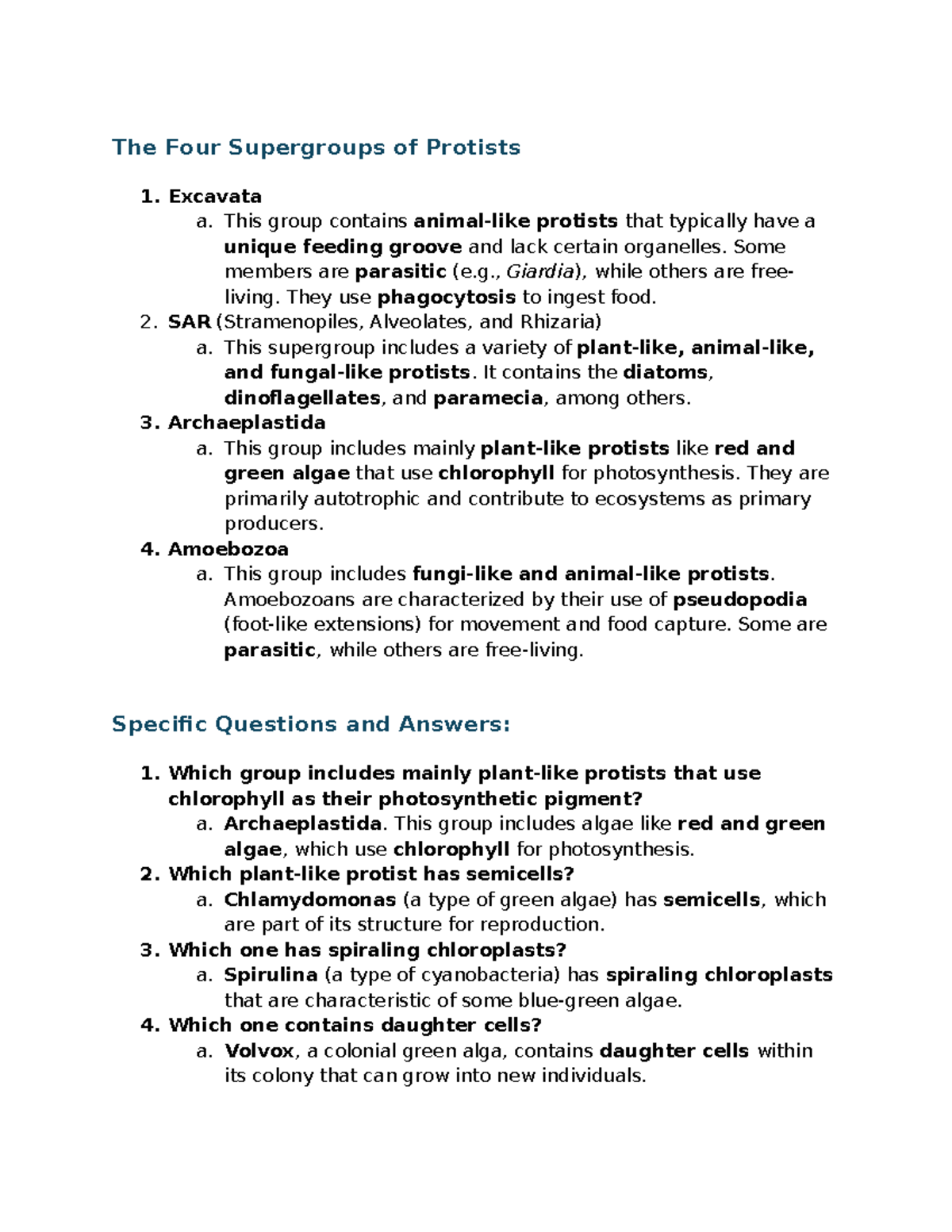Biology Lab Protists - notes - The Four Supergroups of Protists ...