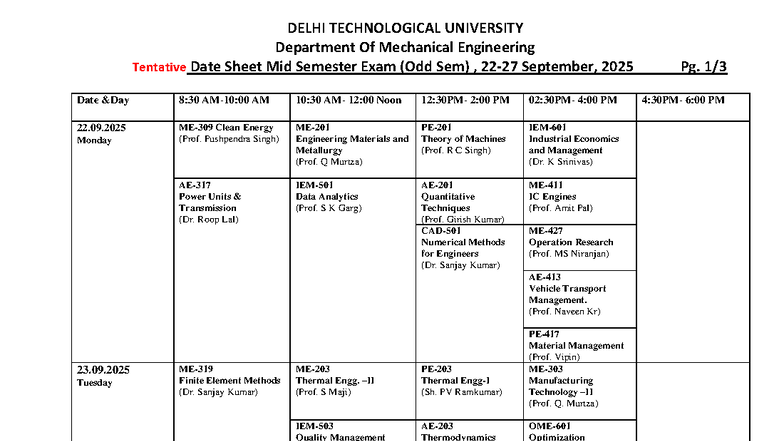 Tentative Mid Sem Exam Date Sheet for MED, Sept 2025 - Studocu