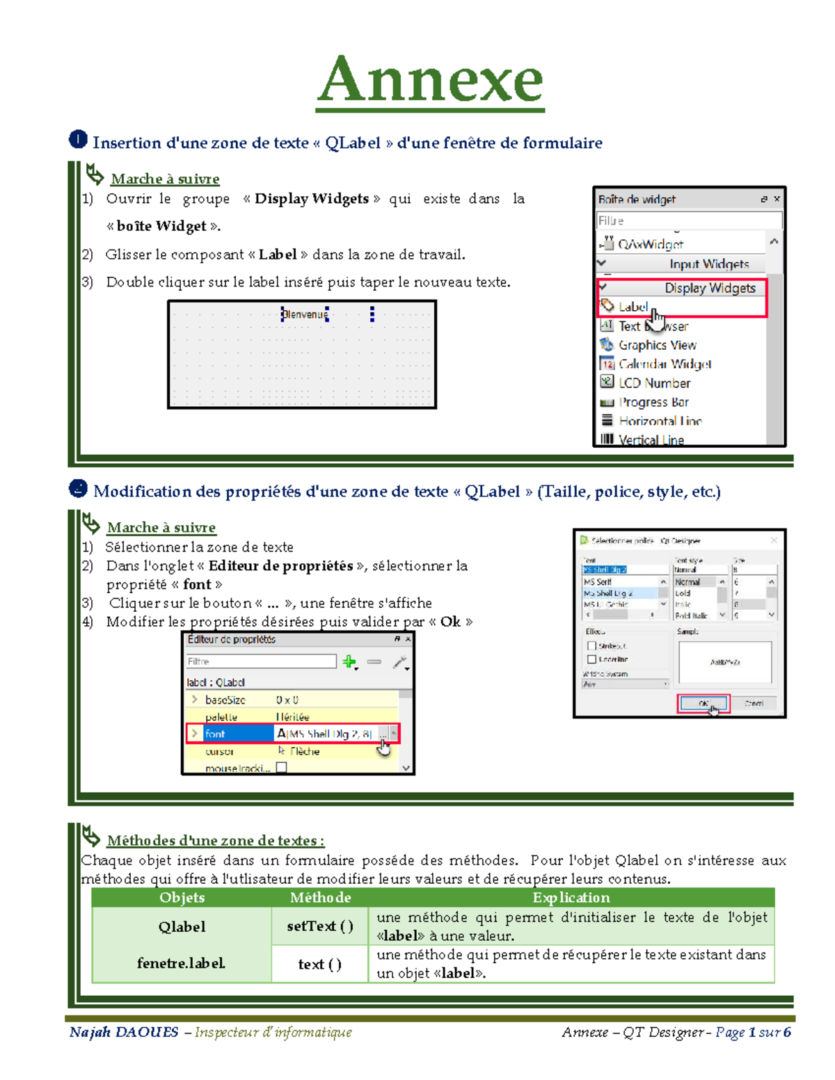 Annexe QT Designer: Guide d'Insertion et Méthodes des Widgets - Studocu