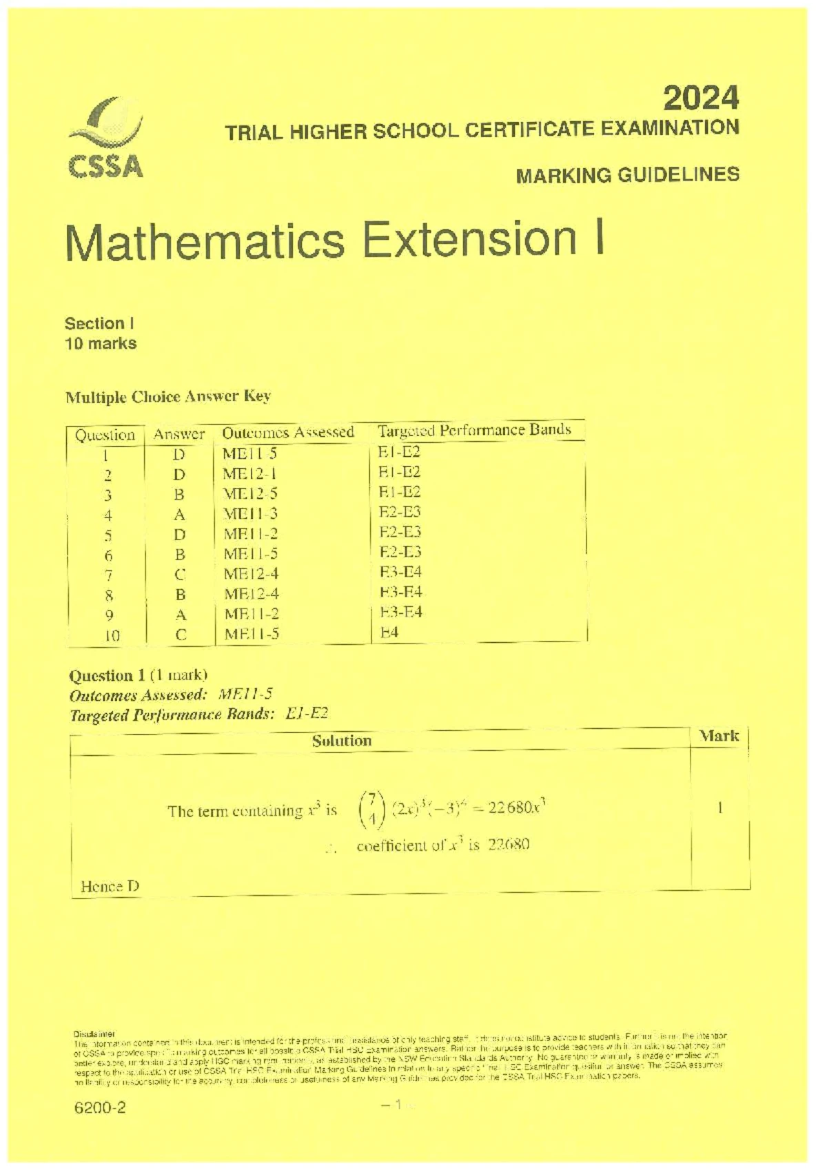 CSSA 2024 Trial HSC Mathematics Extension 1 Exam Paper - Studocu