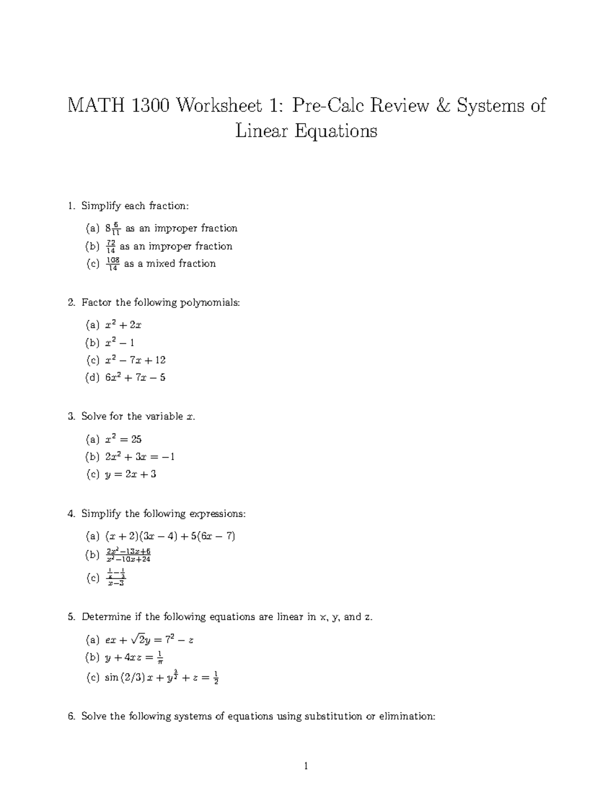 MATH 1300 Lab 1: Pre-Calculus Review & Linear Equations Questions - Studocu
