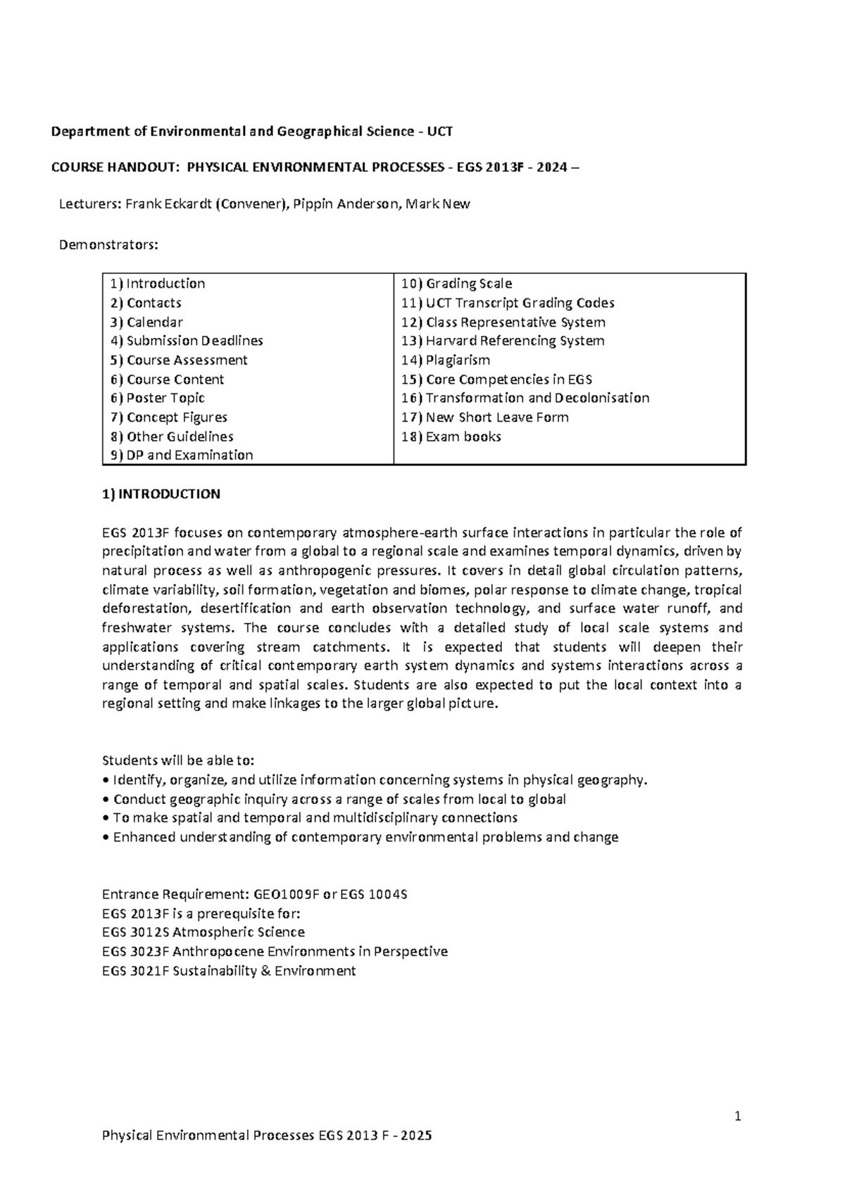 EGS 2013F 2025 Course Handout: Physical Environmental Processes ...