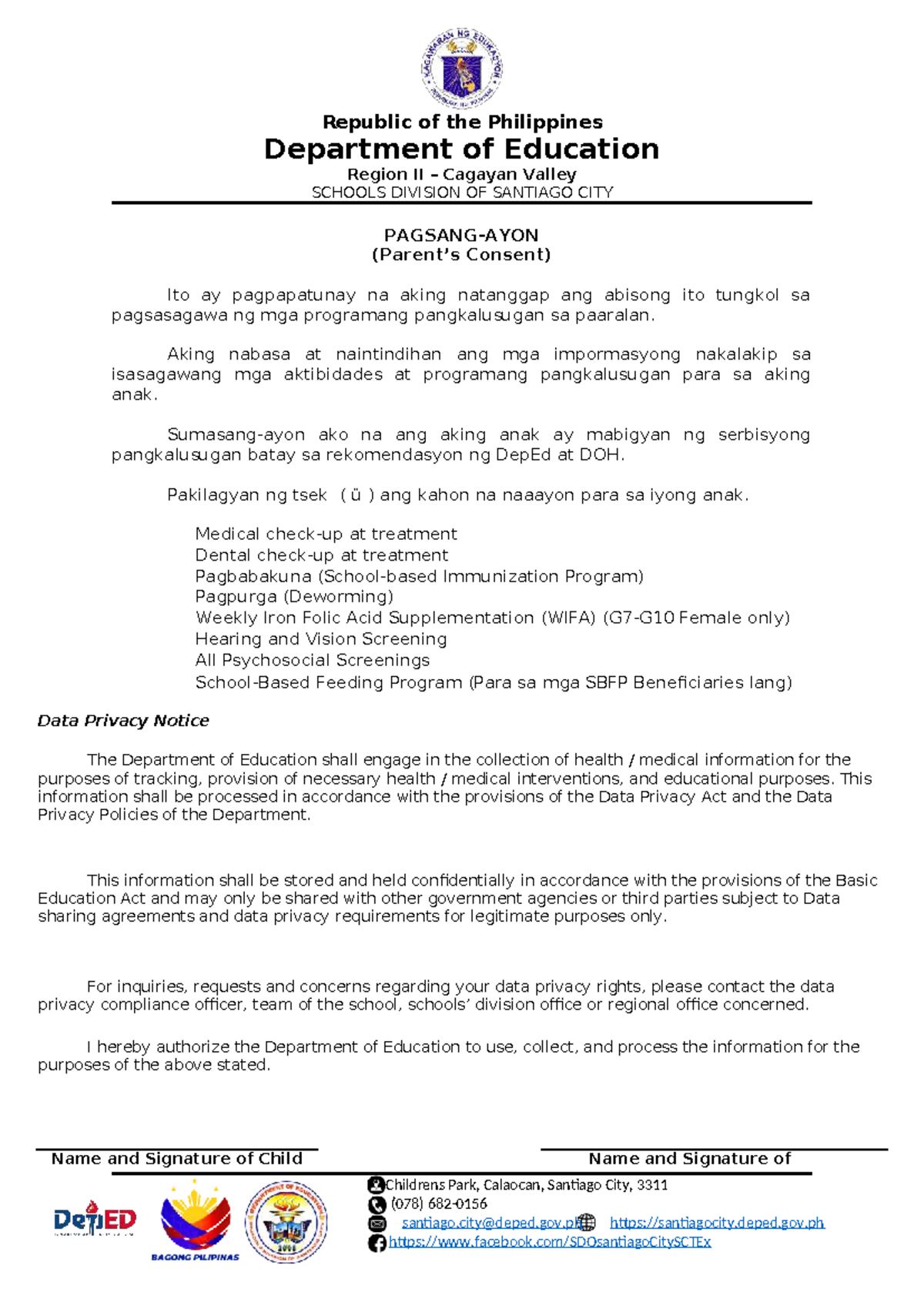 Parents' Consent for Health Programs - DepEd Region II - Studocu
